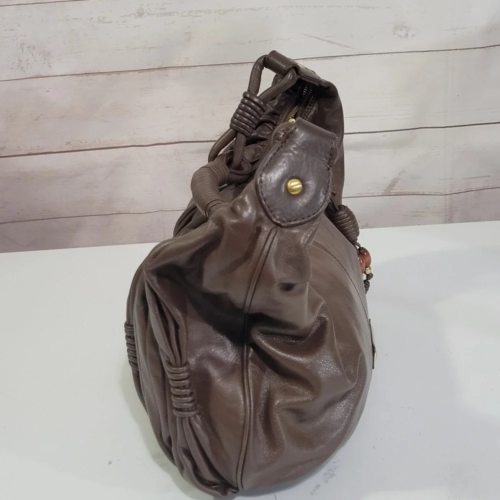Iabella Fiori Hobo Bag Brown Leather Bag Charm Braided Handle